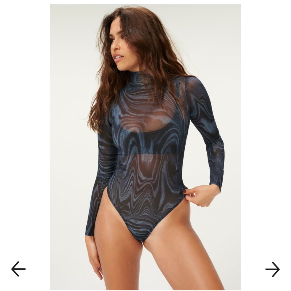 Good American Mesh Mock Neck Bodysuit Inkswirl Size Small NWT